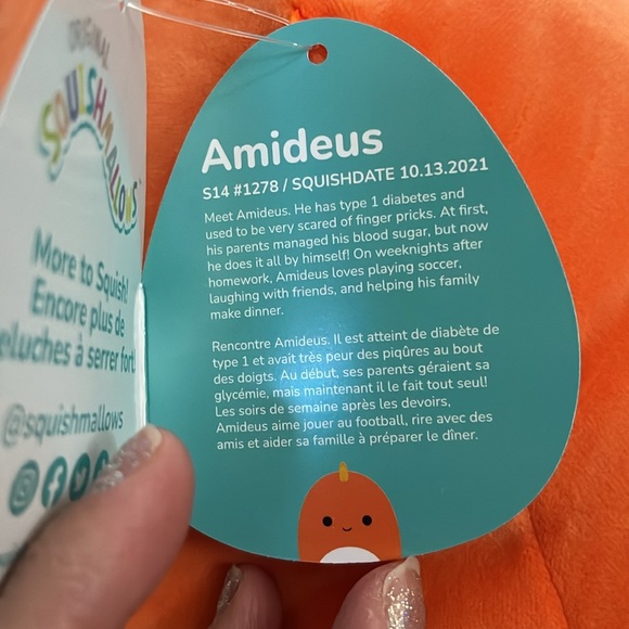 🦖 Squishmallows Amideus the Orange Dinosaur with TYPE 1 DIABETES HTF NWT 14” - Picture 6 of 8